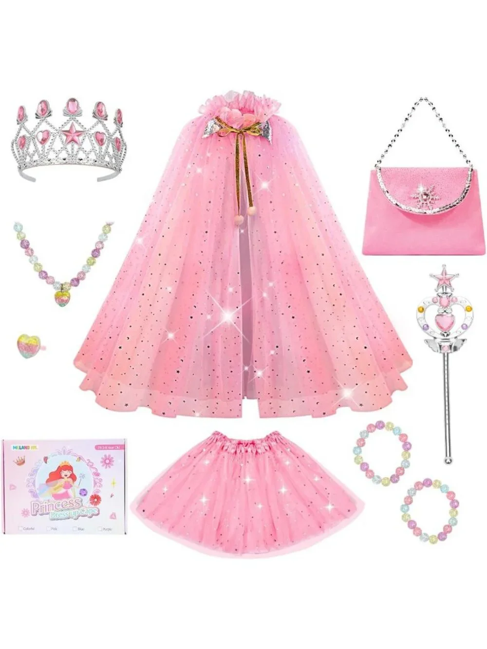 Princess Dress Up Cape with Crown & Tutu Costume Set for Girls Ages 3-8-Pink